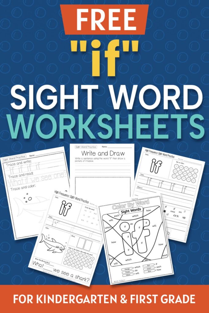 5 Free "if" sight word worksheets printable bundle overview image showing a thumbnail of all 5 printable pages for sight word "if"