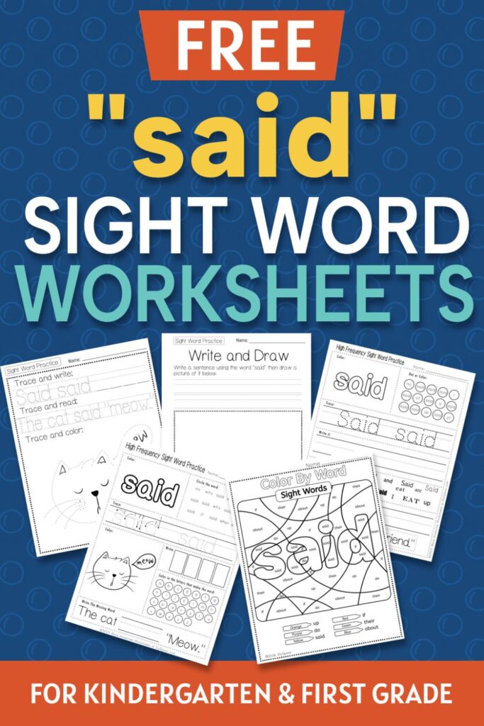 5 Free "said" sight word worksheets printable bundle overview image showing a thumbnail of all 5 printable pages for sight word "said"