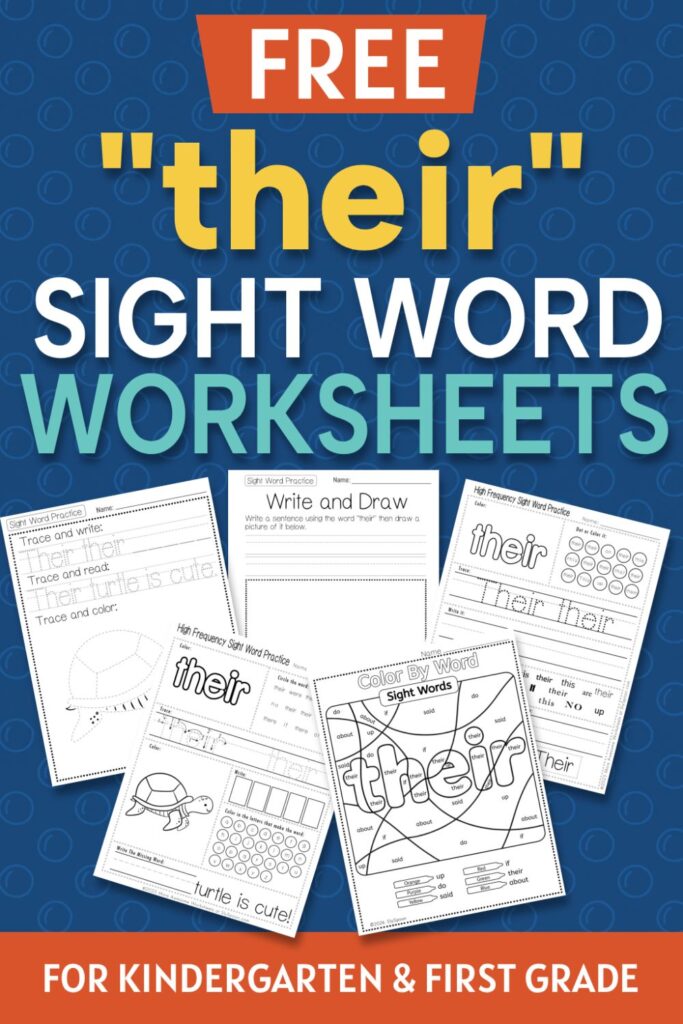 5 Free "their" sight word worksheets printable bundle overview image showing a thumbnail of all 5 printable pages for sight word "their"