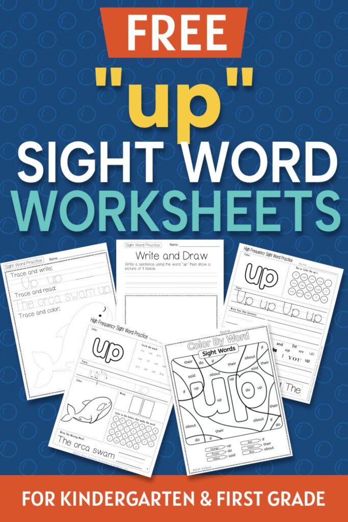 5 Free "up" sight word worksheets printable bundle overview image showing a thumbnail of all 5 printable pages for sight word "up"