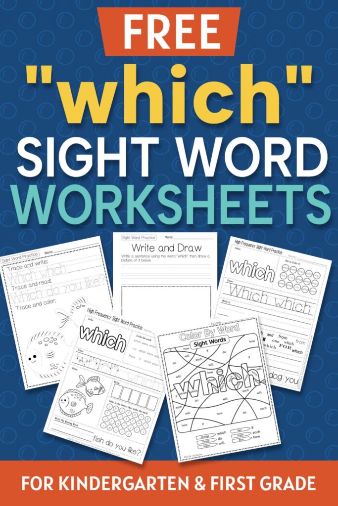 5 Free "which" sight word worksheets printable bundle overview image showing a thumbnail of all 5 printable pages for sight word "which"