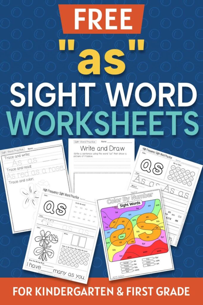 5 Free "as" sight word worksheets printable bundle overview image showing a thumbnail of all 5 printable pages for sight word "as"