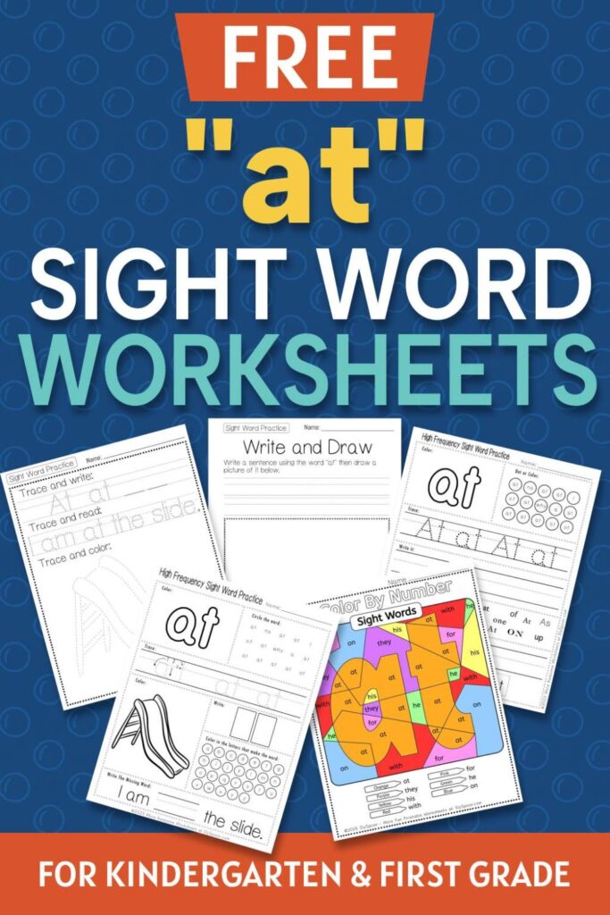 5 Free "at" sight word worksheets printable bundle overview image showing a thumbnail of all 5 printable pages for sight word "at"