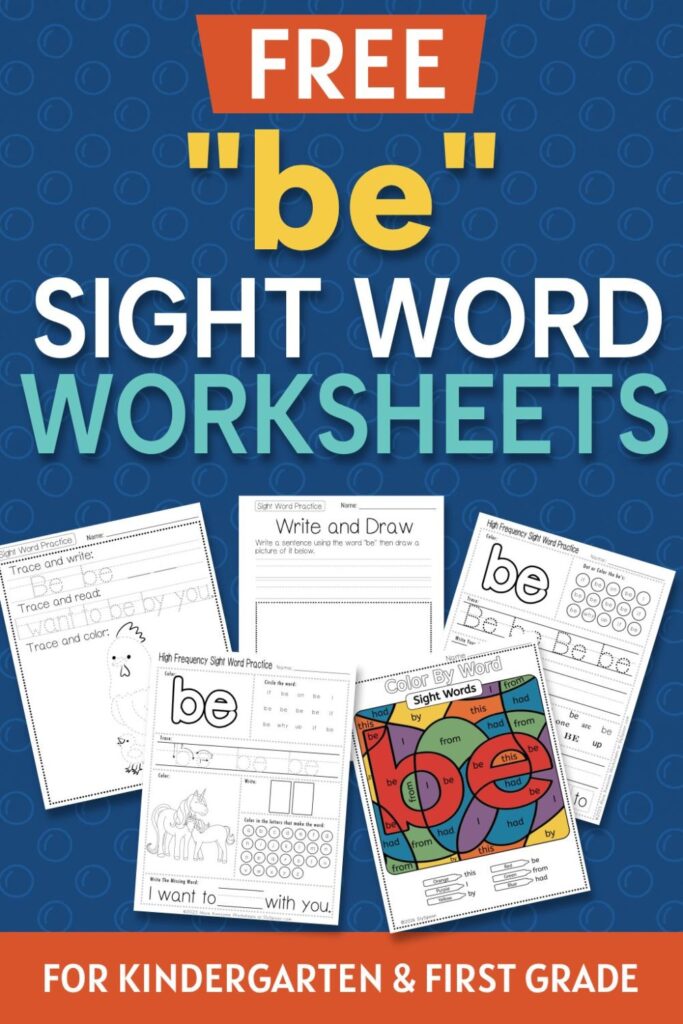 5 Free "be" sight word worksheets printable bundle overview image showing a thumbnail of all 5 printable pages for sight word "be"