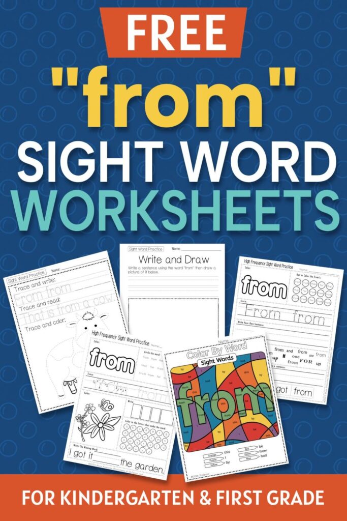 5 Free "from" sight word worksheets printable bundle overview image showing a thumbnail of all 5 printable pages for sight word "from"