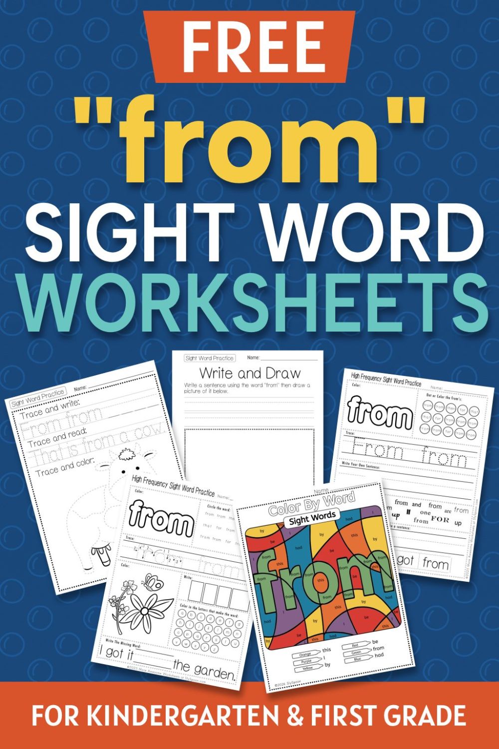 5 Free "for" sight word worksheets printable bundle overview image showing a thumbnail of all 5 printable pages for sight word "for"