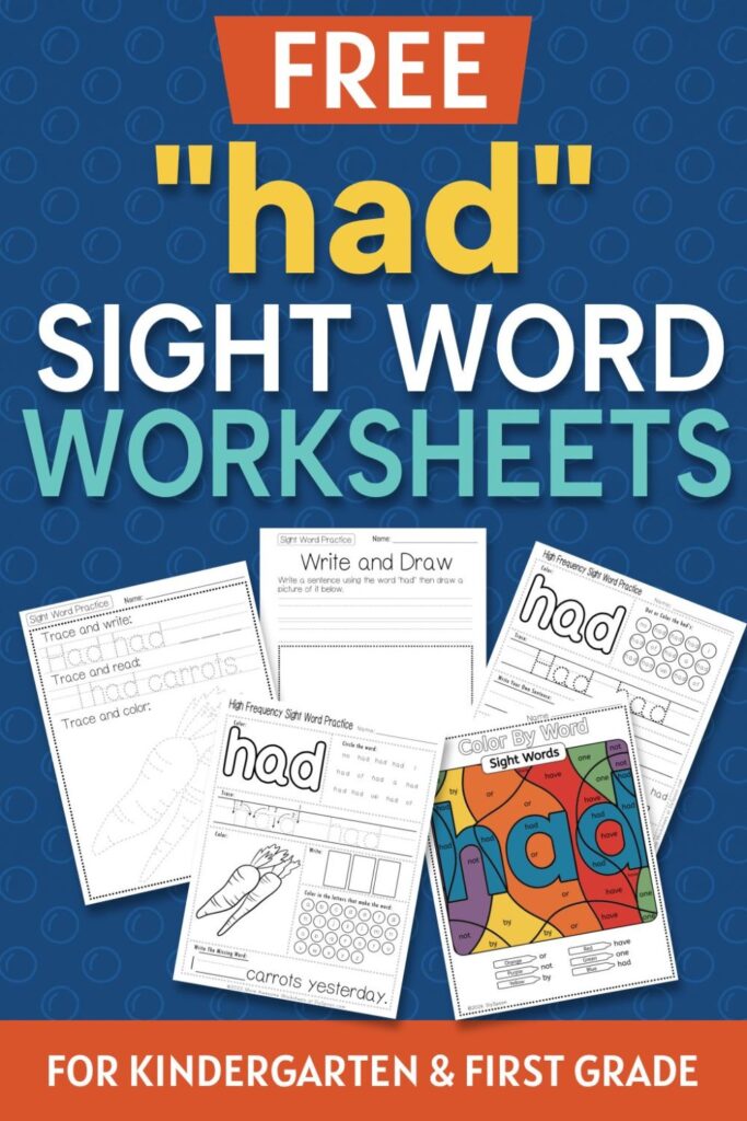 5 Free "had" sight word worksheets printable bundle overview image showing a thumbnail of all 5 printable pages for sight word "had"