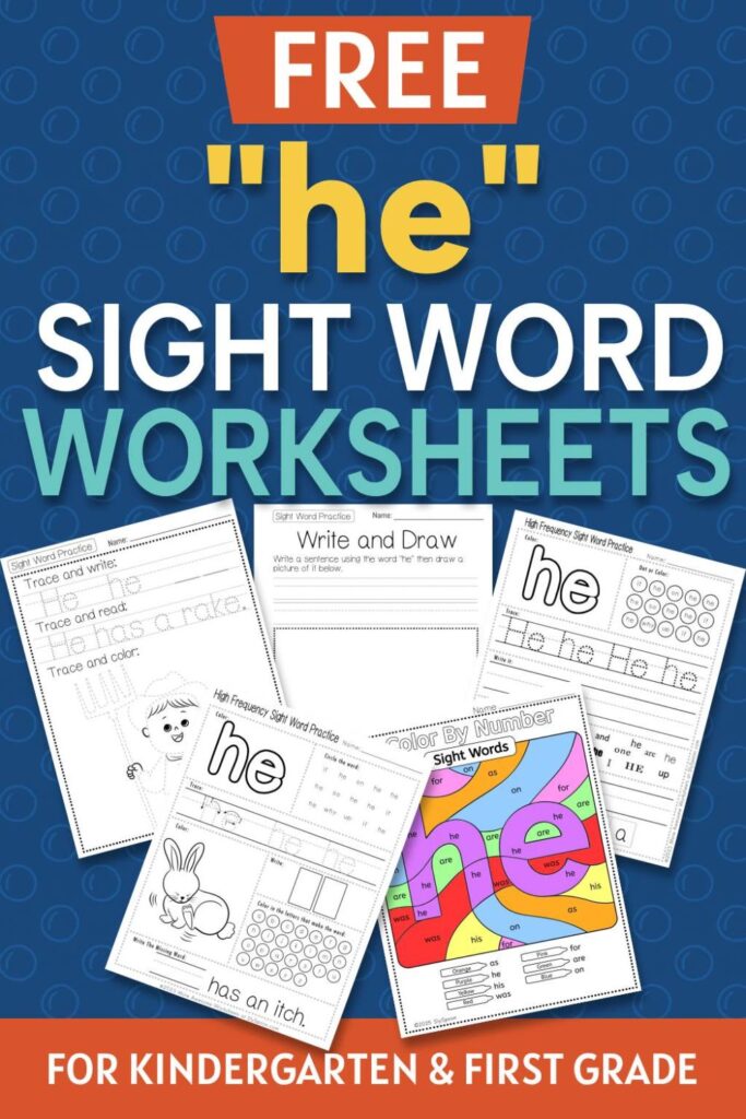 5 Free "he" sight word worksheets printable bundle overview image showing a thumbnail of all 5 printable pages for sight word "he"