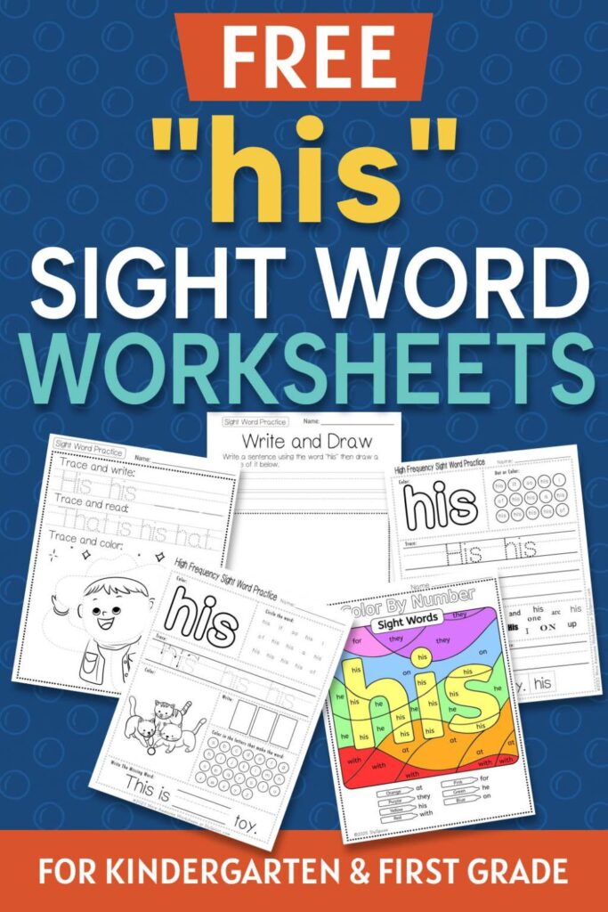 5 Free "his" sight word worksheets printable bundle overview image showing a thumbnail of all 5 printable pages for sight word "his"