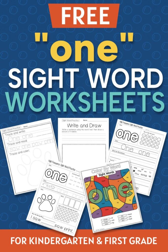5 Free "one" sight word worksheets printable bundle overview image showing a thumbnail of all 5 printable pages for sight word "one"