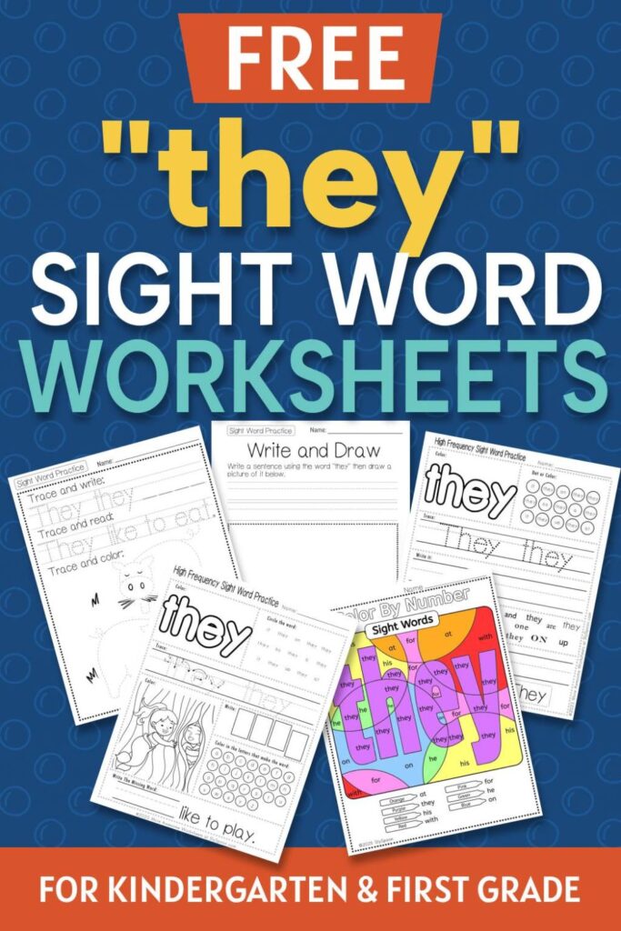 5 Free "they" sight word worksheets printable bundle overview image showing a thumbnail of all 5 printable pages for sight word "they"