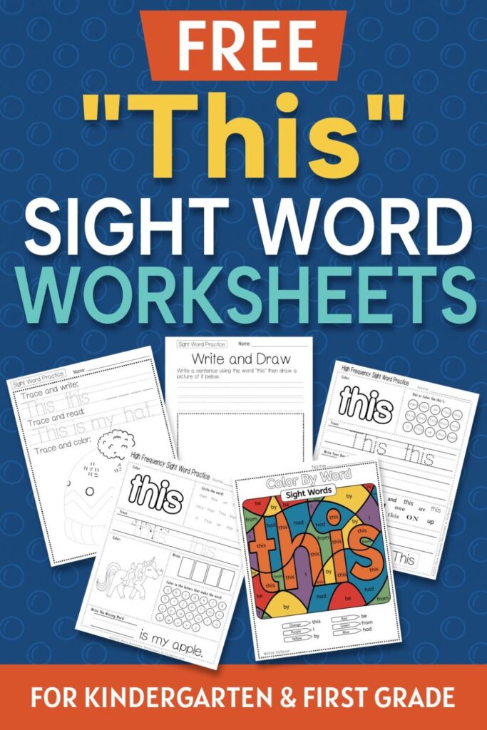 5 Free "this" sight word worksheets printable bundle overview image showing a thumbnail of all 5 printable pages for sight word "this"