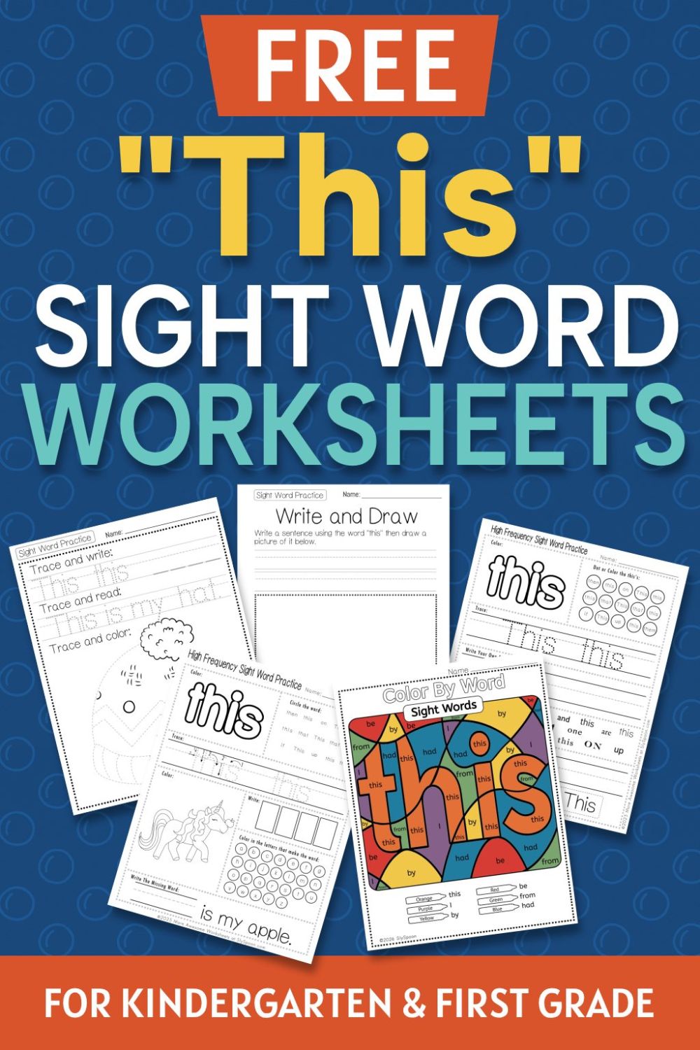 5 Free "to" sight word worksheets printable bundle overview image showing a thumbnail of all 5 printable pages for sight word "this"