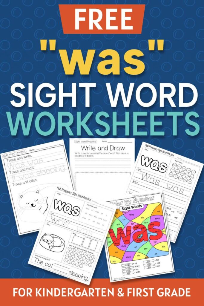 5 Free "was" sight word worksheets printable bundle overview image showing a thumbnail of all 5 printable pages for sight word "was"