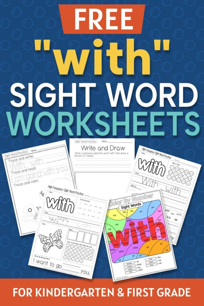5 Free "with" sight word worksheets printable bundle overview image showing a thumbnail of all 5 printable pages for sight word "with"