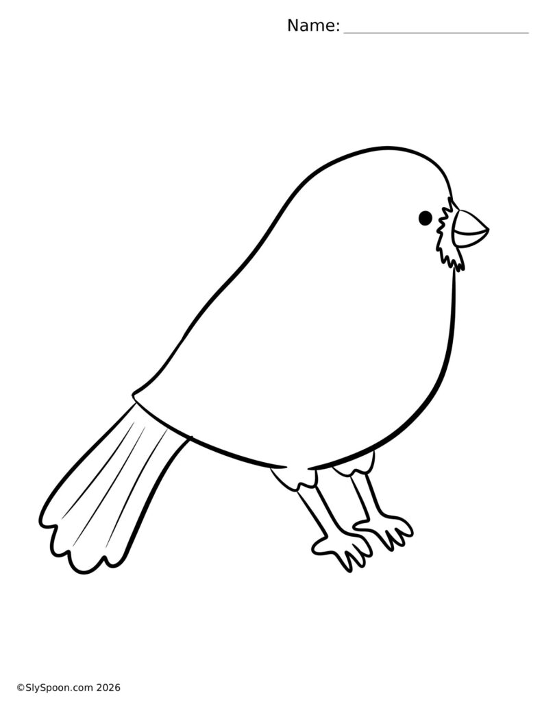 Printable winter cardinal coloring page with the bird missing its wings, designed for kids to add feathers or tissue paper.