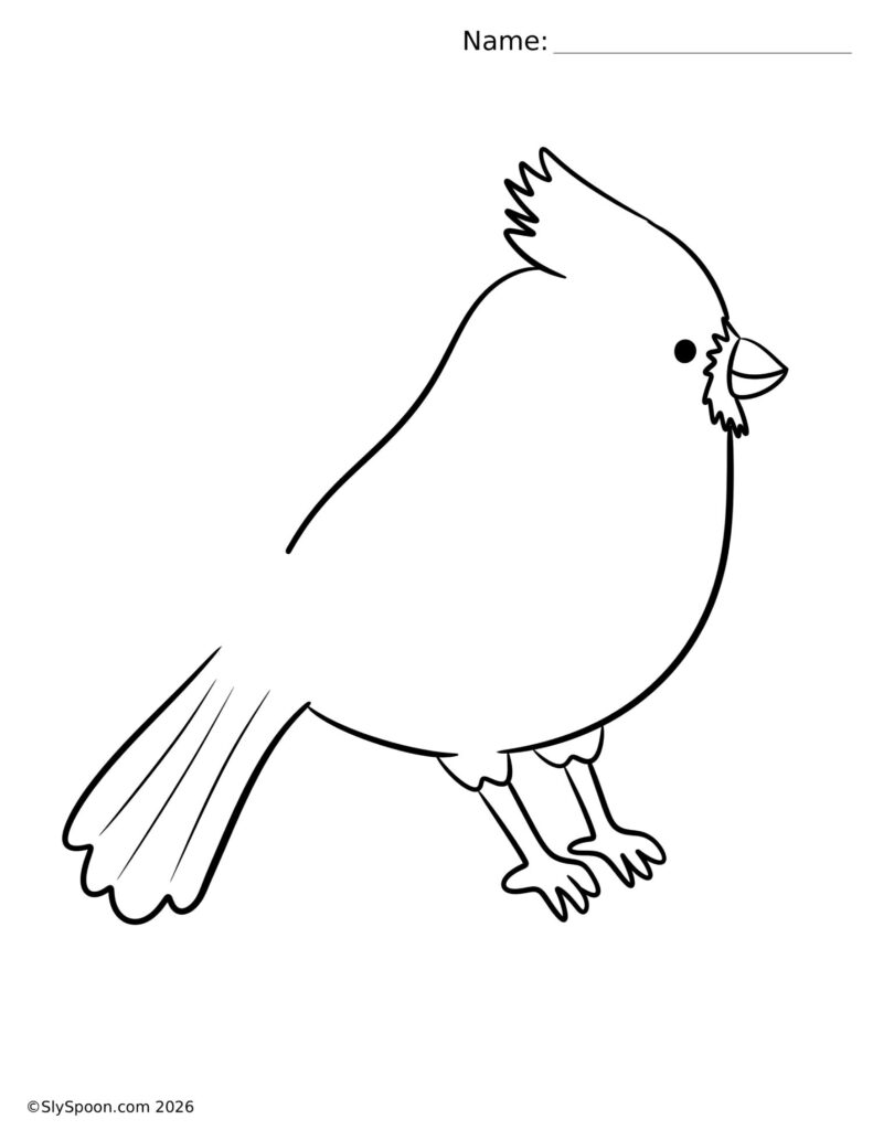 Printable winter cardinal coloring page with the bird missing its wings, designed for kids to add feathers or tissue paper.
