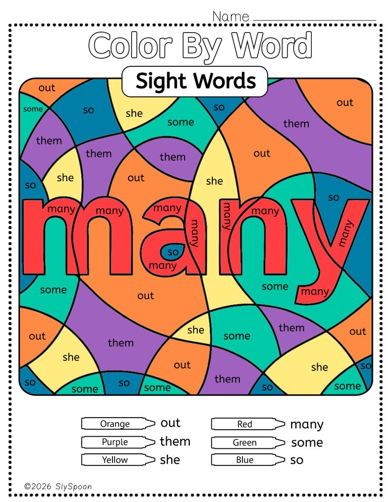 Free Printable Sight word worksheets high frequency Sight Word Practice Dolch and Fry - Sight Word "many" printable page color by number style, but color by word.