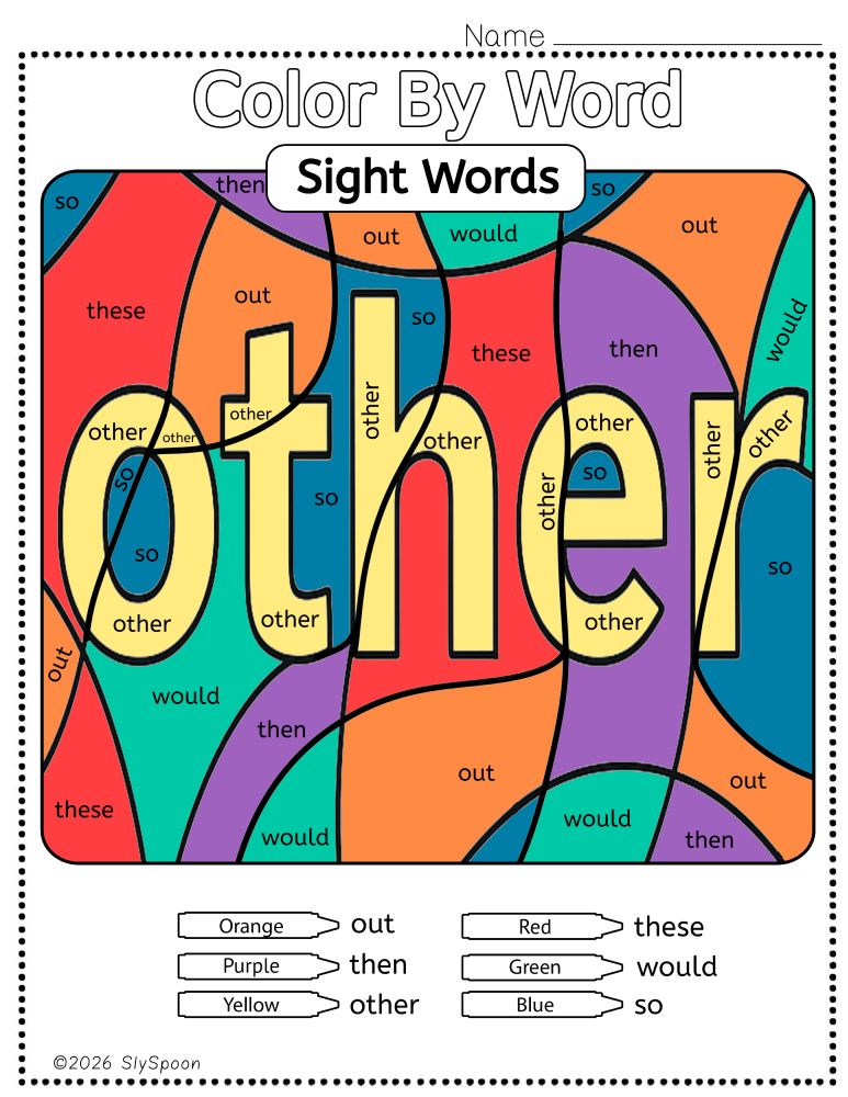 Free Printable Sight word worksheets high frequency Sight Word Practice Dolch and Fry - Sight Word "other" printable page color by number style, but color by word.