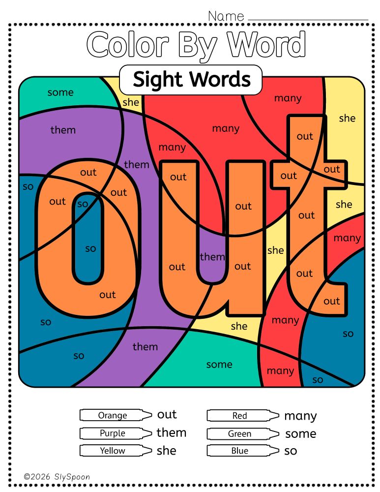 Free Printable Sight word worksheets high frequency Sight Word Practice Dolch and Fry - Sight Word "out" printable page color by number style, but color by word.