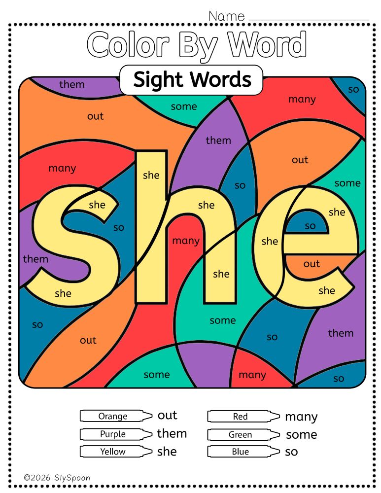 Free Printable Sight word worksheets high frequency Sight Word Practice Dolch and Fry - Sight Word "she" printable page color by number style, but color by word.