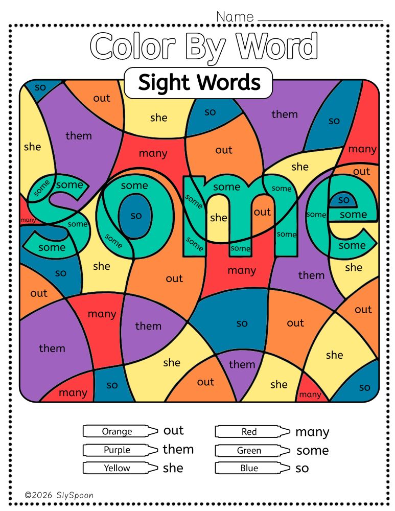 Free Printable Sight word worksheets high frequency Sight Word Practice Dolch and Fry - Sight Word "some" printable page color by number style, but color by word.