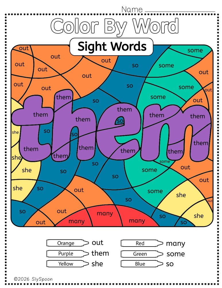 Free Printable Sight word worksheets high frequency Sight Word Practice Dolch and Fry - Sight Word "them" printable page color by number style, but color by word.