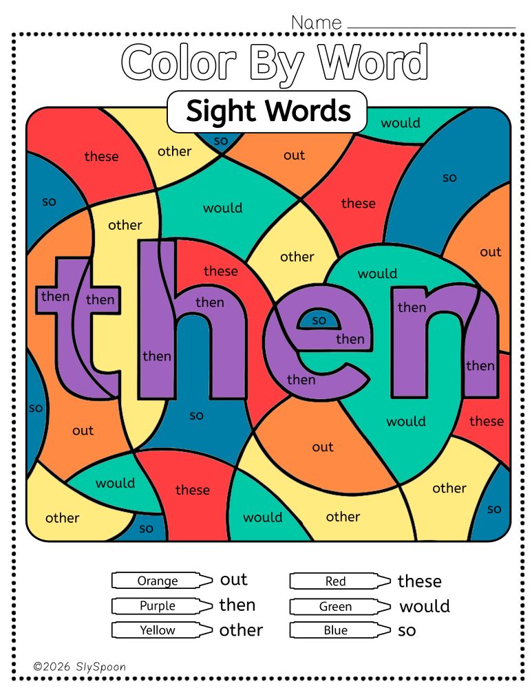 Free Printable Sight word worksheets high frequency Sight Word Practice Dolch and Fry - Sight Word "then" printable page color by number style, but color by word.