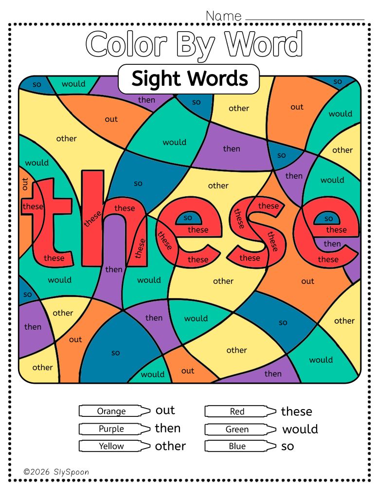 Free Printable Sight word worksheets high frequency Sight Word Practice Dolch and Fry - Sight Word "these" printable page color by number style, but color by word.