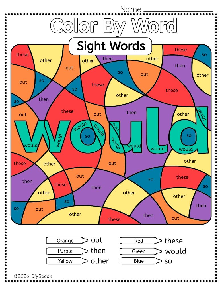 Free Printable Sight word worksheets high frequency Sight Word Practice Dolch and Fry - Sight Word "would" printable page color by number style, but color by word.