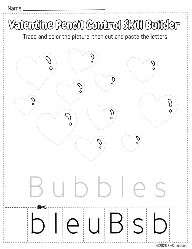 Free Printable Valentine Pencil Control Skill Builder Worksheet, Trace the picture then cut and paste the letters - Heart shaped Bubbles