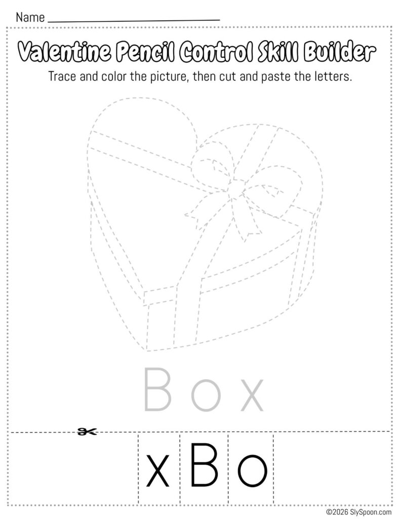 Free Printable Valentine Pencil Control Skill Builder Worksheet, Trace the picture then cut and paste the letters - Heart shaped Box