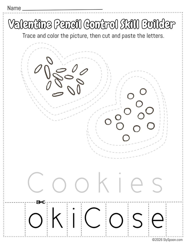 Free Printable Valentine Pencil Control Skill Builder Worksheet, Trace the picture then cut and paste the letters - Heart shaped Cookies