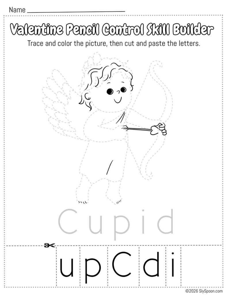 Free Printable Valentine Pencil Control Skill Builder Worksheet, Trace the picture then cut and paste the letters - Cupid