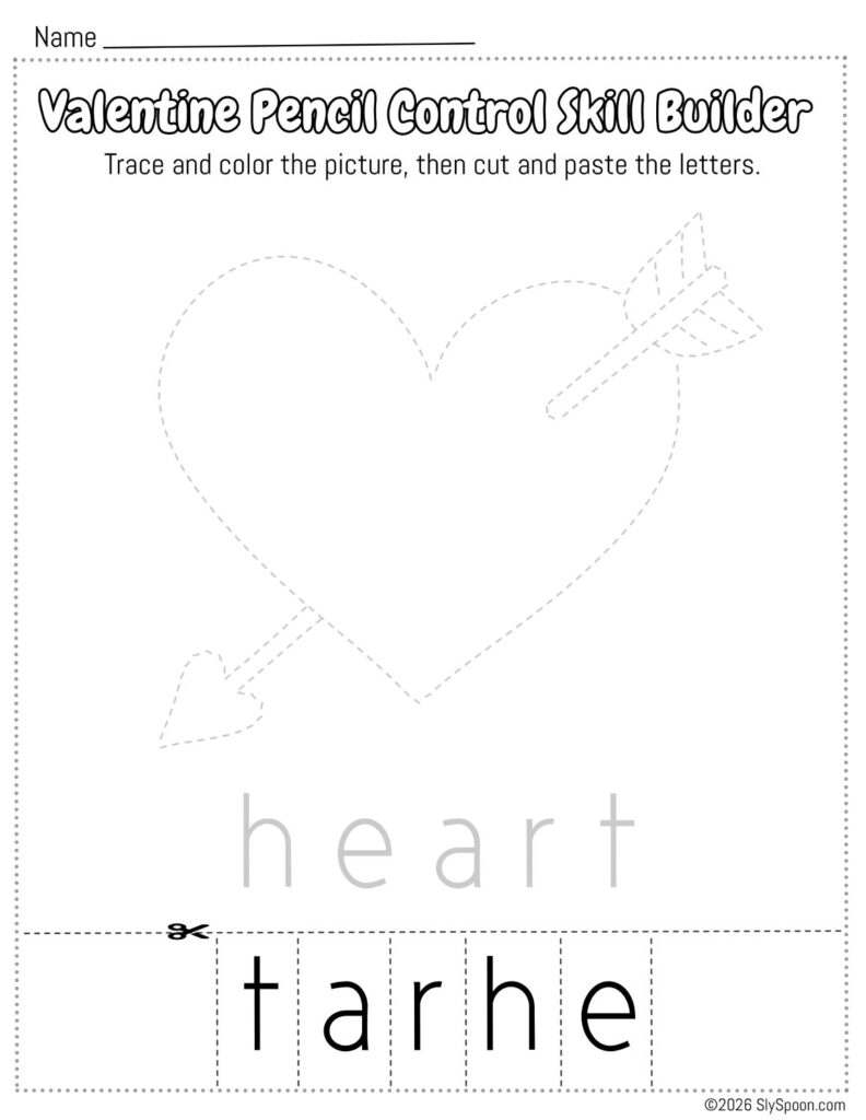 Free Printable Valentine Pencil Control Skill Builder Worksheet, Trace the picture then cut and paste the letters - Heart with an Arrow Through It