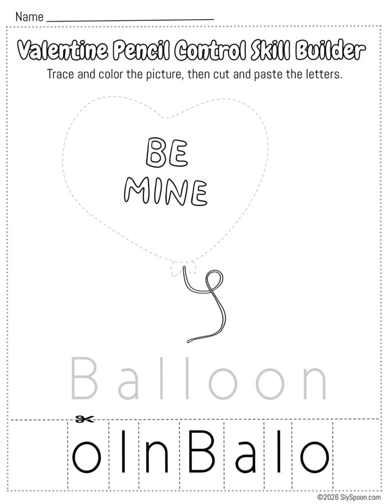 Free Printable Valentine Pencil Control Skill Builder Worksheet, Trace the picture then cut and paste the letters - Heart Balloon