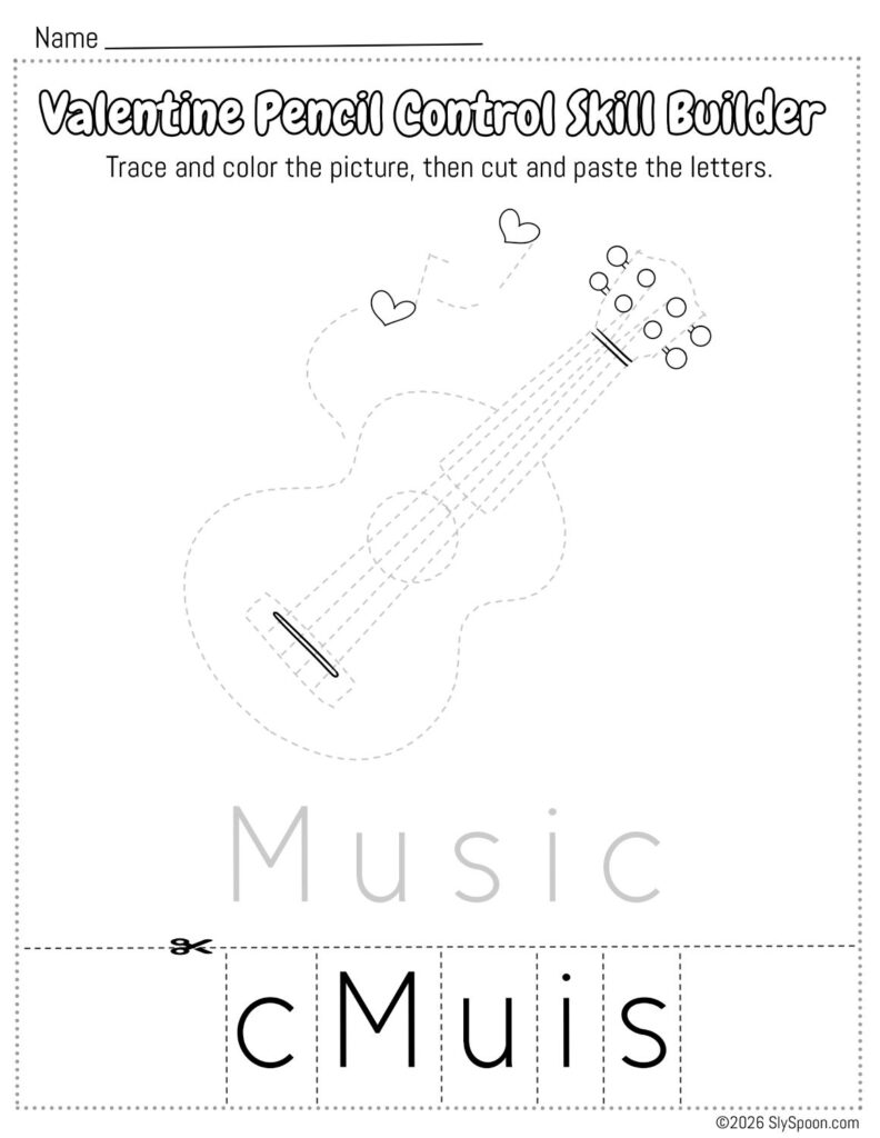 Free Printable Valentine Pencil Control Skill Builder Worksheet, Trace the picture then cut and paste the letters - Music Guitar