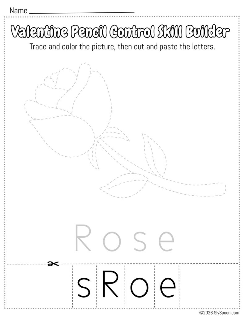 Free Printable Valentine Pencil Control Skill Builder Worksheet, Trace the picture then cut and paste the letters - Rose