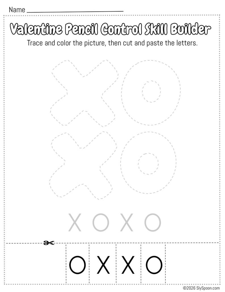 Free Printable Valentine Pencil Control Skill Builder Worksheet, Trace the picture then cut and paste the letters - XOXO