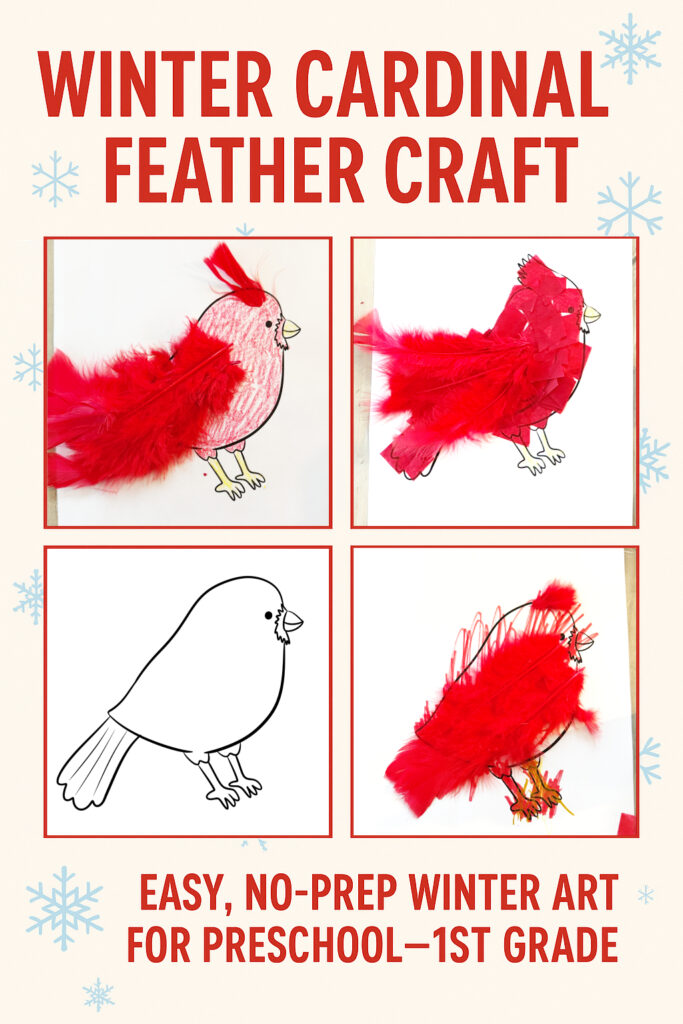 Winter Cardinal Feather Craft header image with four cardinal illustrations showing different craft stages, from coloring page to feathered wings. Text reads Easy, No-Prep Winter Art for Preschool–1st Grade.