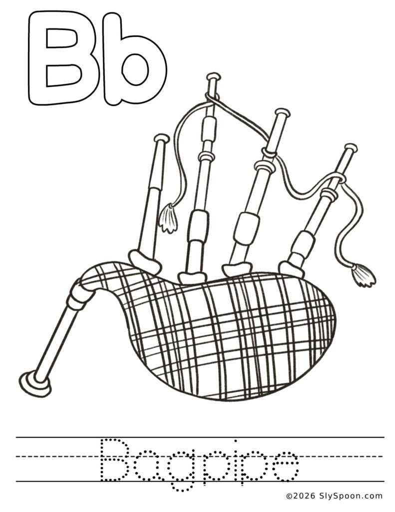 St. Patrick’s Day letter B color and trace worksheet with a bagpipes picture to color and the word bagpipes to trace