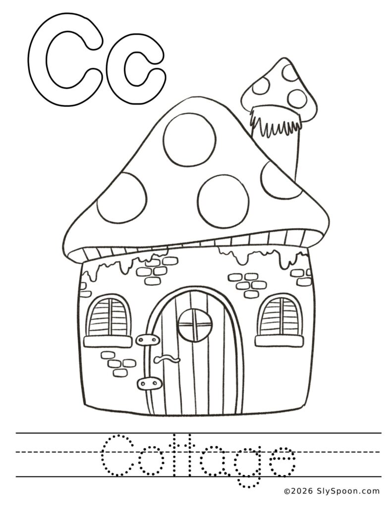 St. Patrick’s Day letter C color and trace worksheet with a leprechaun cottage picture to color and the word cottage to trace
