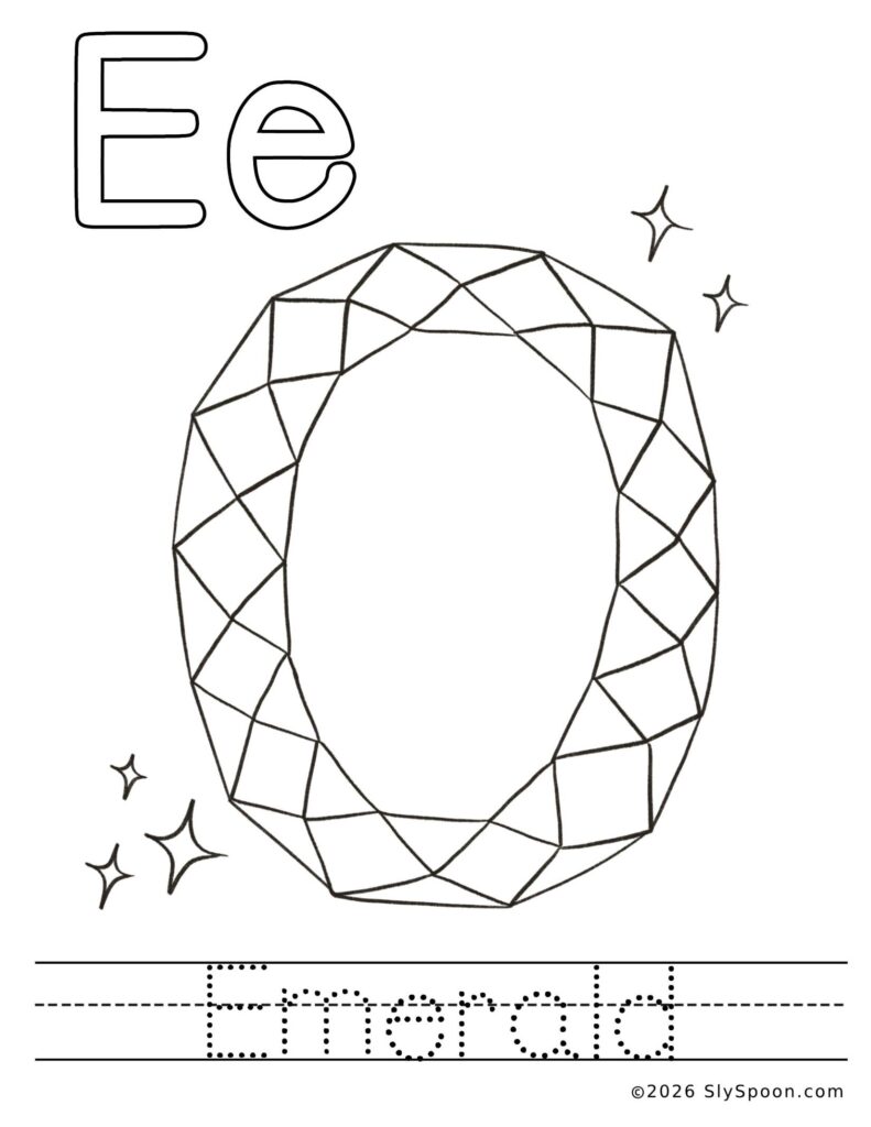 St. Patrick’s Day letter E color and trace worksheet with an emerald picture to color and the word emerald to trace