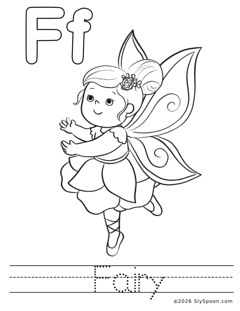 St. Patrick’s Day letter F color and trace worksheet with a fairy picture to color and the word fairy to trace