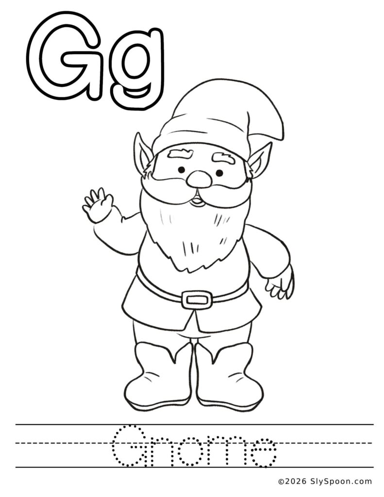 St. Patrick’s Day letter G color and trace worksheet with a gnome picture to color and the word gnome to trace