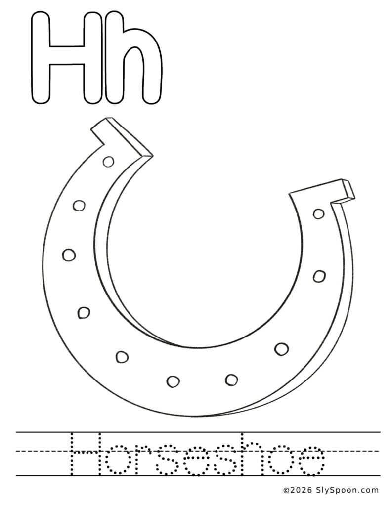 St. Patrick’s Day letter H color and trace worksheet with a horseshoe picture to color and the word horseshoe to trace