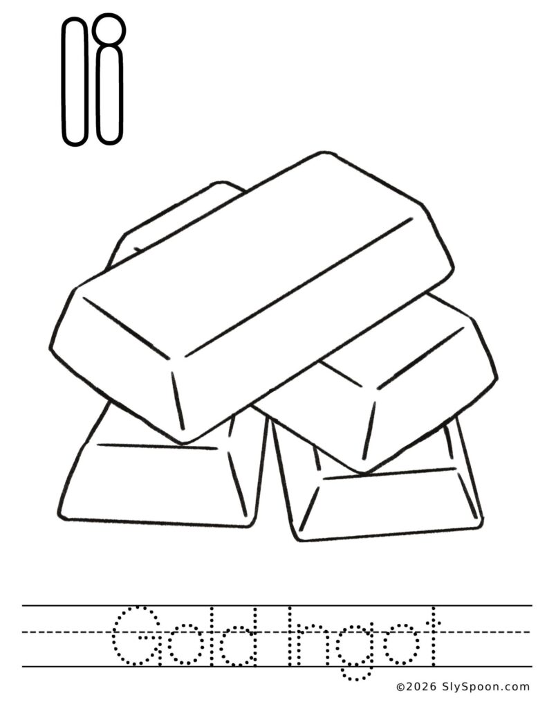 St. Patrick’s Day letter I color and trace worksheet with a gold ingot picture to color and the word ingot to trace