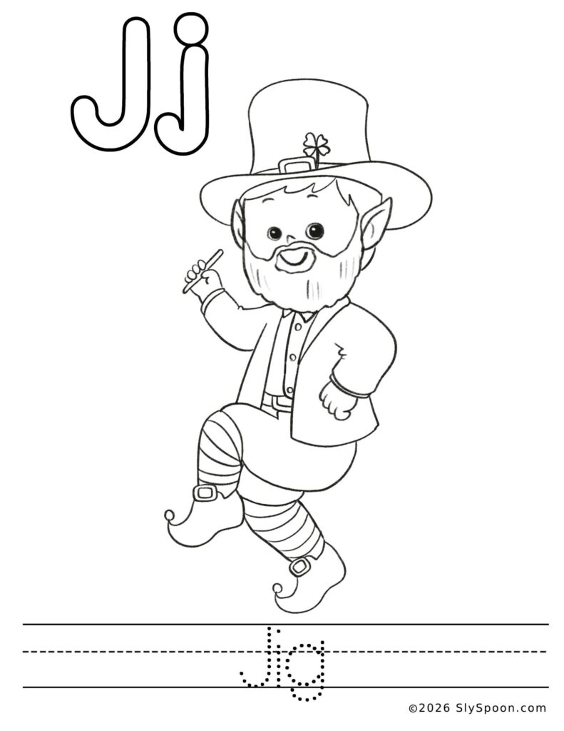 St. Patrick’s Day letter J color and trace worksheet with a leprechaun dancing picture to color and the word jig to trace