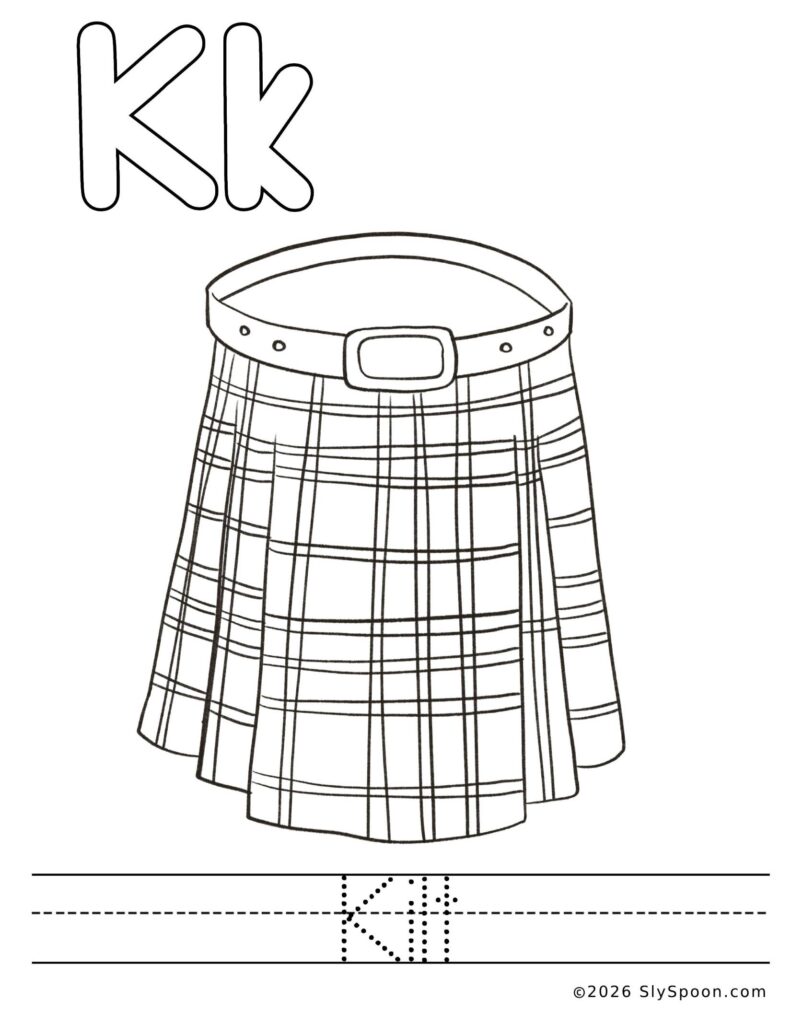 St. Patrick’s Day letter K color and trace worksheet with a kilt picture to color and the word kilt to trace