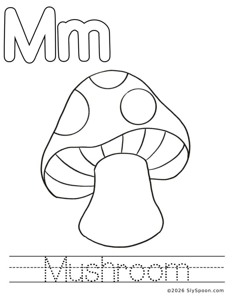 St. Patrick’s Day letter M color and trace worksheet with a mushroom picture to color and the word mushroom to trace